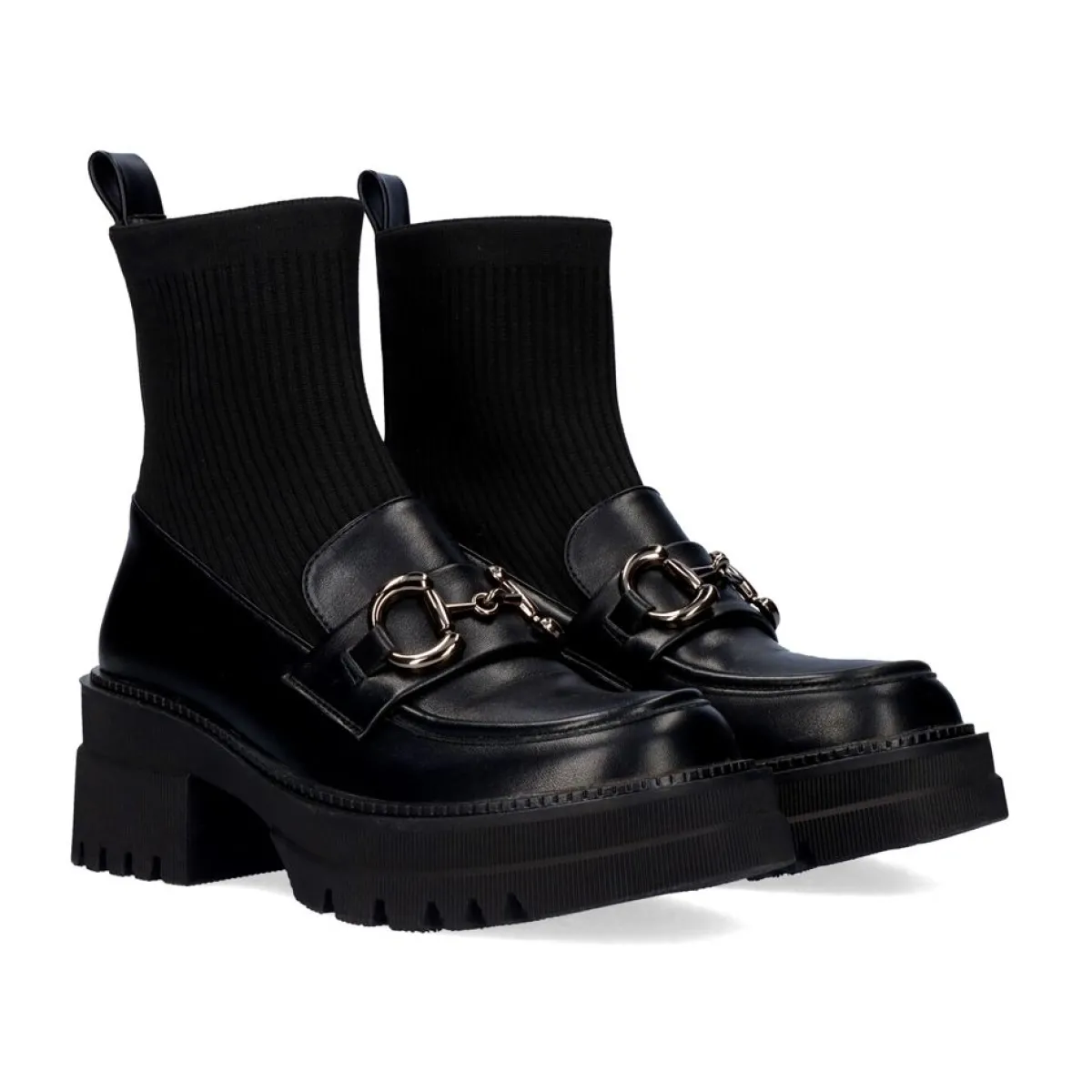 Flat Shoes>Exe Shoes Mocassim Estilo Meia B079-H227 Preto Com Cadeia Larga Em Prata