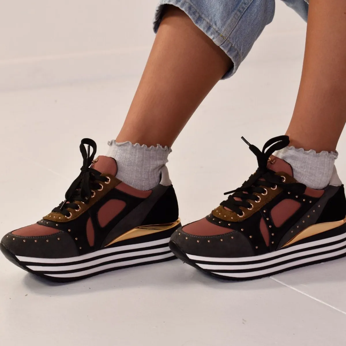 Sneakers Mujer>Exe Shoes Sneaker Plataforma Ex41 Em Rosa Com Detalhes Em Cinza